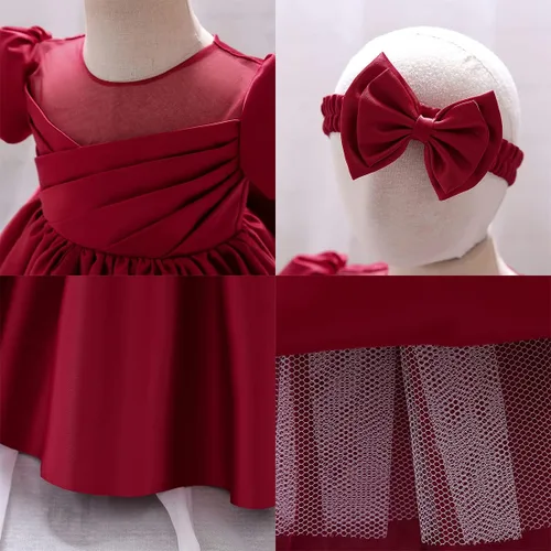 Miniatura 6 de IDOPIP Flower Girl Bowknot Tutu Dress for Kids Baby Wedding Communion Birthday Party Pageant Baptism Dresses with Headwear
