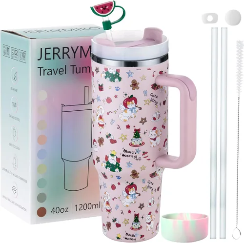 Miniatura 11 de Vaso de 40 onzas con asa y tapa con popote, Vasos aislados de acero inoxidable de pared doble con sello al vacío, Taza de viaje para bebidas frías
