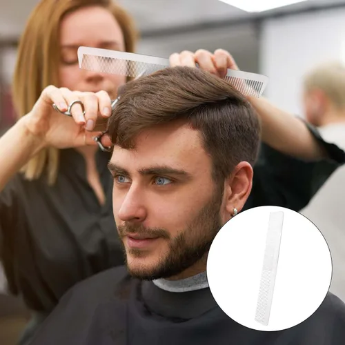 Miniatura 6 de Peine de metal de acero inoxidable con dientes finos para el cabello, antiestático, parte superior plana, peine de peluquero para peinar el cabello