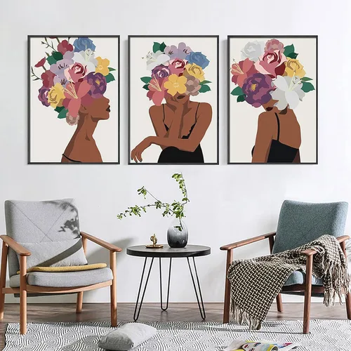 Miniatura 3 de Juego de 3 pinturas de pared afroamericanas con diseño de flores negras para mujer, diseño de cabeza negra, pintura en lienzo, cuadros sin marco