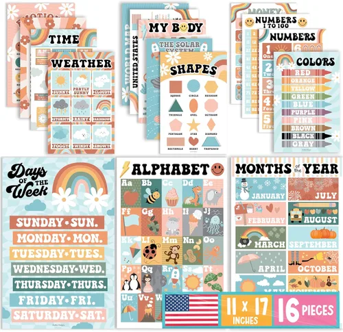 Miniatura 18 de Hadley Designs 16 carteles educativos para niños pequeños de 1-3 años, carteles de aprendizaje laminados para preescolar y jardín de infantes, tabla
