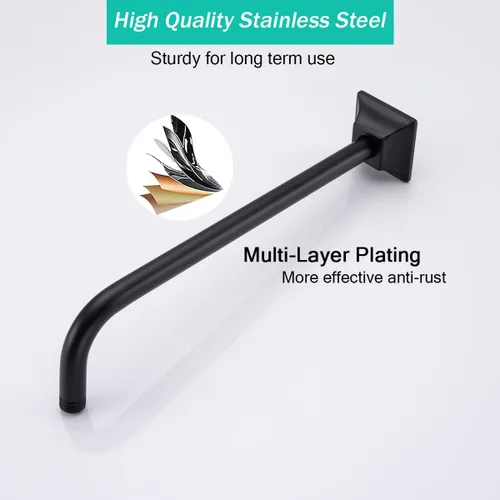 Miniatura 5 de Brazo de ducha de 16 pulgadas con brida, acero inoxidable negro mate de 90 grados, brazo de extensión de cabezal de ducha montado en la pared