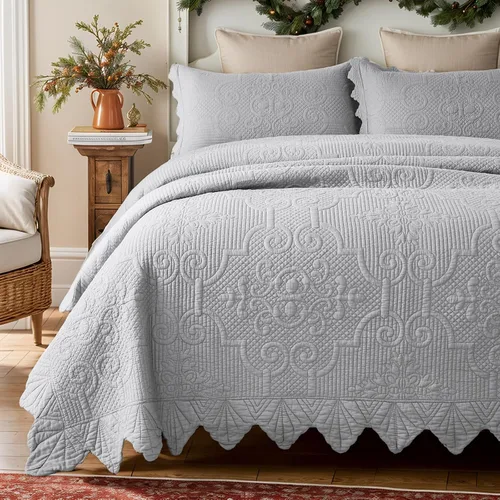 Brandream - Juego de edredón tamaño Queen de algodón, edredones de estilo granja, ropa de cama Matelasse, colcha con borde festoneado, 3 piezas