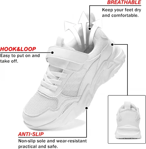 Miniatura 2 de Tenis unisex blancos transpirables para niños y niñas, tenis ligeros para correr, para niños pequeños, niños grandes, calzado de gimnasio