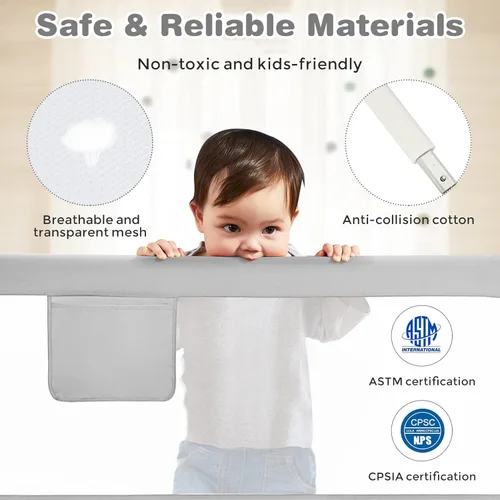 Miniatura 6 de BABY JOY Riel de cama para niños pequeños, 57 pulgadas, extra largo, altura ajustable, plegable, con bolsillo de almacenamiento y doble bloqueo