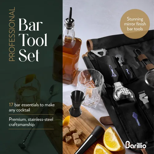 Miniatura 6 de Barillio Bolsa de Kit de Barman con Juego de Coctelera Negra – Lona Encerada, Bolsa de Herramientas de Bar de Viaje con Kit de Cóctel de 17 Piezas