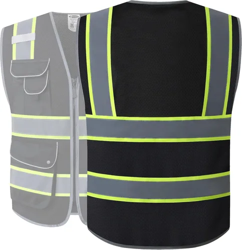 Miniatura 5 de JKSafety Chaleco de seguridad frontal de malla con 9 bolsillos en negro de alta visibilidad Negro con tiras reflectantes de doble tono Cumple