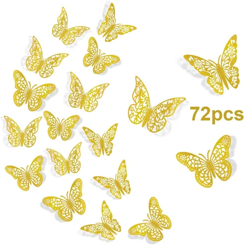 Decoración de pared de mariposa 3D, 72 piezas, 3 estilos, 3 tamaños, mariposas doradas para fiestas, cumpleaños, decoraciones de pasteles, Dorado