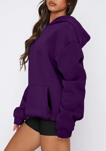 Miniatura 19 de onlypuff Sudadera casual con capucha para mujer, de manga larga, con bolsillo de canguro, hombro caído