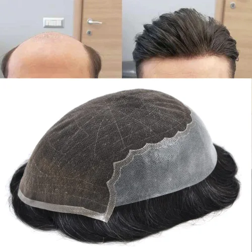 Miniatura 45 de Toupee para hombres, sistema de reemplazo de cabello humano Remy, nudos blanqueados, encaje frontal, piel fina, para hombre, color gris, pelucas