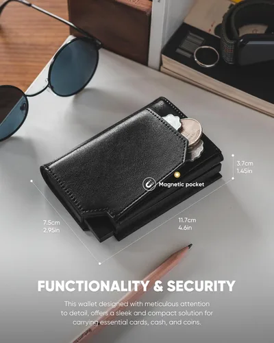 Miniatura 6 de VULKIT Billetera desplegable de metal para hombre, con bloqueo RFID inteligente, tarjetero de crédito, cierre magnético, billeteras triples de cuero