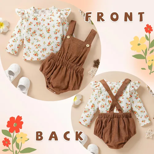 Miniatura 2 de Tiny Cutey Ropa de bebé recién nacida, mameluco de manga acampanada y overoles de pana, pantalones cortos, trajes de otoño para niña