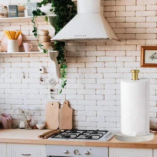 Miniatura 7 de Soporte para toallas de papel, soporte de rollo de papel de pie para cocina y baño, con base de mármol pesada para operación con una sola mano Oro-b