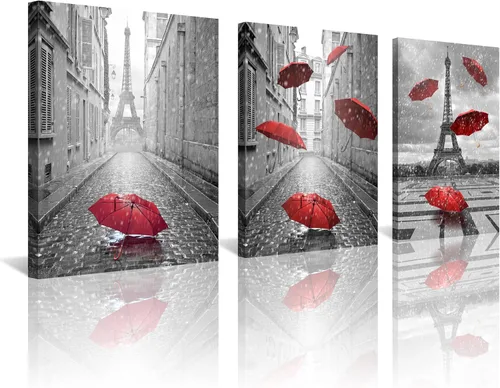 Miniatura 12 de NAN Wind 3 piezas de lienzo moderno Giclée impresiones en blanco y negro con paraguas rojos, lienzo romántico para parejas, pinturas de paisaje rojo