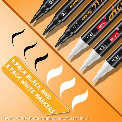 Miniatura 4 de Droaful Marcadores de Pintura Acrílica Blanco Negro, 6 Piezas Marcadores de Pintura Impermeables de Doble Punta Para Pintura en Rocas, Tela, Metal