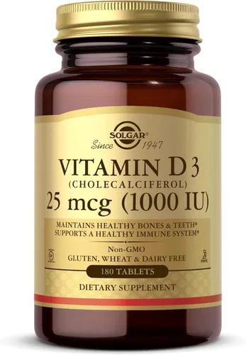 Solgar - Vitamina D3 (colecalciferol) 25 mcg (1000 UI) – 180 tabletas - Ayuda a mantener huesos y dientes saludables - Soporte para el sistema