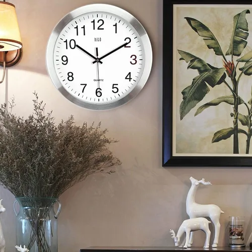 Miniatura 8 de HITO Reloj de pared silencioso de 12 pulgadas con batería, sin tictac, cubierta de vidrio, marco de aluminio plateado, para decoración de cocina