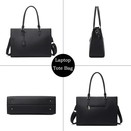 Miniatura 4 de Bolsa para laptop para mujer, de 17 pulgadas, bolsas de trabajo casuales con puerto de carga USB, bolsa de mano para portátil con bolso de mano Negro