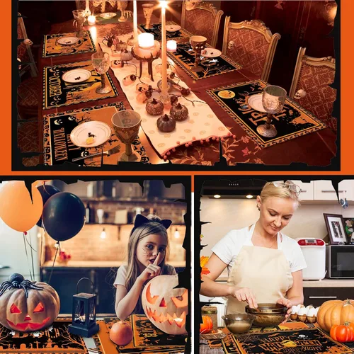 Miniatura 6 de Umigy 6 manteles individuales de Halloween de 12 x 18 pulgadas, manteles individuales góticos de murciélago para decoración de cocina, manteles