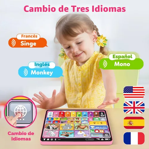 Miniatura 4 de Tableta de juguete educativo trilingüe con música y sonido, juguetes Montessori de terapia del habla para niña y niño de 1 año, juguete musical