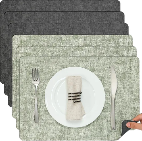 Miniatura 14 de Myir JUN Juego de 6 manteles individuales de doble cara, de piel sintética, para interiores, para mesa de comedor, exteriores, cuadrados, Negro