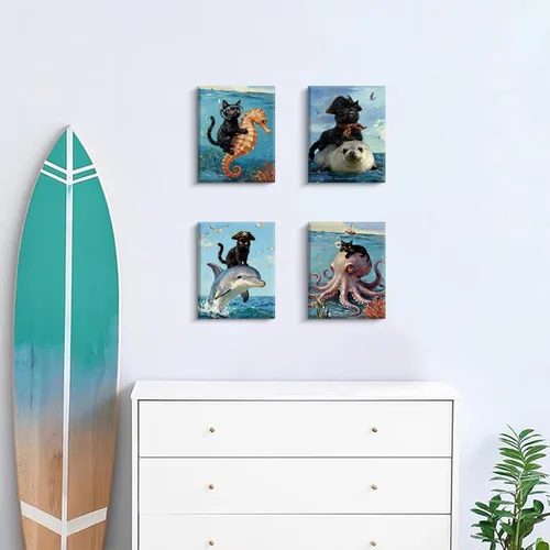 Miniatura 5 de Arte de pared enmarcado para baño, gato negro, aventura oceánica, póster de lienzo de 4 piezas de gato pirata náutico con caballito de mar, manatí