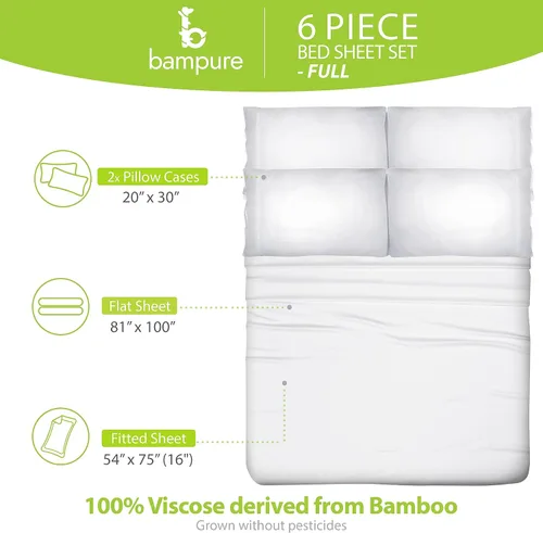 Miniatura 3 de BAMPURE Luxury Series - Juego de sábanas tamaño completo de 6 piezas - 100% viscosa pura derivada de sábanas de bambú tamaño completo - Sábanas
