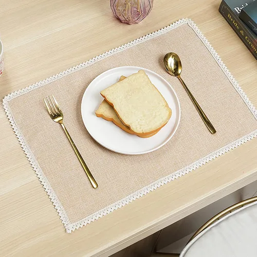 Miniatura 5 de Juego de 4 manteles individuales tejidos de color beige, manteles individuales con borde de encaje, tapete rectangular de poliéster y algodón
