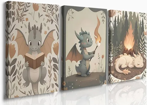 Miniatura 8 de GUBIYU Juego de 3 carteles artísticos con diseño de dinosaurio T-Rex, para habitación de niños, impresión de animales para guardería, decoración