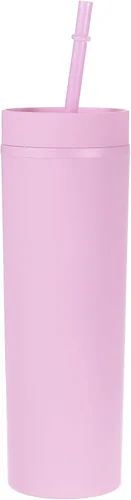 Miniatura 17 de uxcell Vaso delgado con tapas y pajitas, vaso delgado de 16 onzas color negro mate a granel, vaso acrílico pastel reutilizable, vaso de plástico