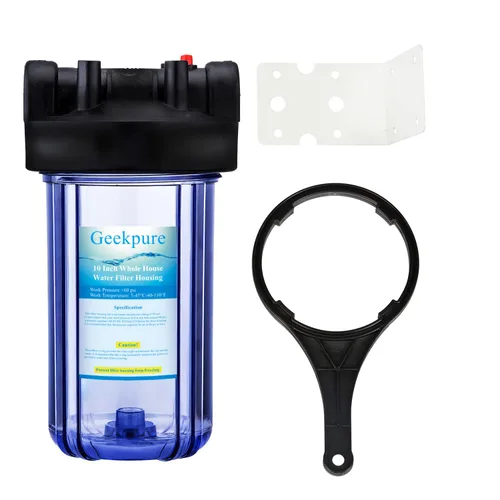 Geekpure Carcasa de filtro de agua para toda la casa de 10 pulgadas, puerto de 3/4 pulgadas con llave y soporte, 4.5 x 10 pulgadas, transparente (1)