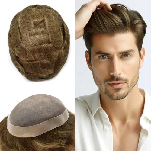 Miniatura 15 de Tupé para hombre, pieza de cabello humano real, monofilamento, tupé para hombres, postizos, unidades de sistema de reemplazo de cabello, gris