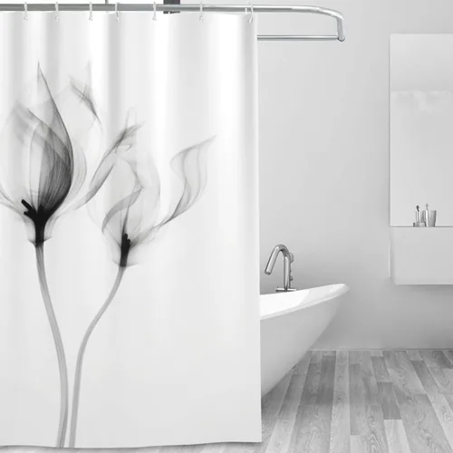Miniatura 2 de YLATY2596 - Cortina de ducha de flores abstractas para baño, juego de cortina de ducha bohemia floral en blanco y negro, tela transparente, moderna