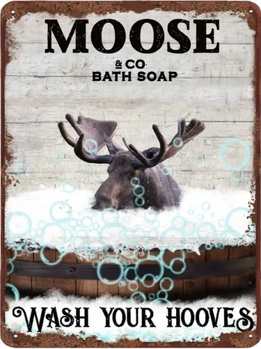 Cartel de metal divertido de alce para baño, decoración de pared retro de alce, póster de inodoro con texto "Wash Your Hooves", letrero de lata