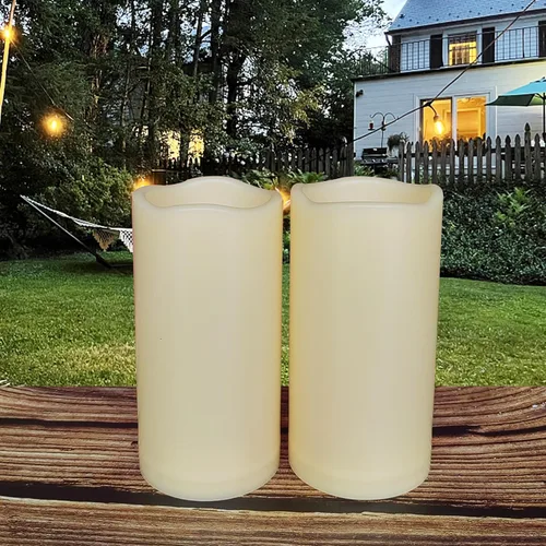 Velas sin llama de 6 pulgadas para exteriores, funciona con pilas, paquete de 2 velas LED parpadeantes con temporizador, luces decorativas