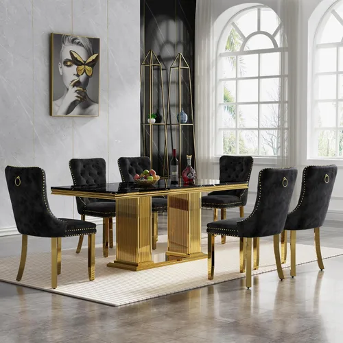 Miniatura 44 de HomVent Juego de mesa de comedor moderna de mármol sintético para 4 personas, mesa de cocina rectangular con 4 sillas beige (dorado)