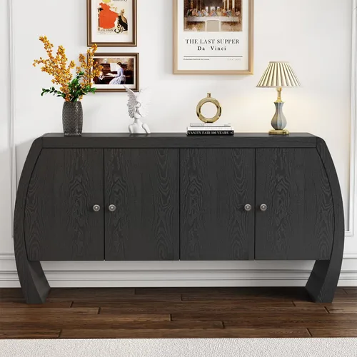Miniatura 24 de Virubi Armario de buffet acanalado de 63 pulgadas con almacenamiento, puertas y estantes ajustables, mesa consola curva de madera con Azul marino