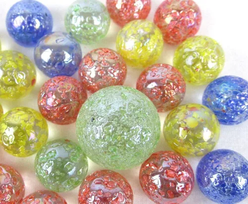 Miniatura 3 de ~ 25 canicas de vidrio arcoíris con purpurina azul/rojo/verde/amarillo con purpurina moteada confeti estilo clásico (24 jugadores, 1 tirador)