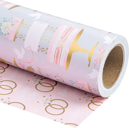 Miniatura 2 de WRAPAHOLIC Rollo de papel reversible para envolver bodas, mini rollo, 17 pulgadas x 33 pies, diseño floral de pastel y anillo, perfecto para bodas