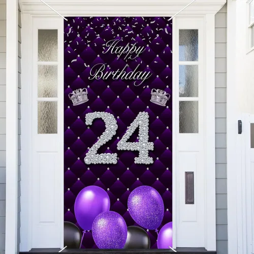 Miniatura 11 de Cartel morado de feliz primer cumpleaños telón de fondo para cabina de fotos, globos de corona plateada, decoración temática para niña, aniversario