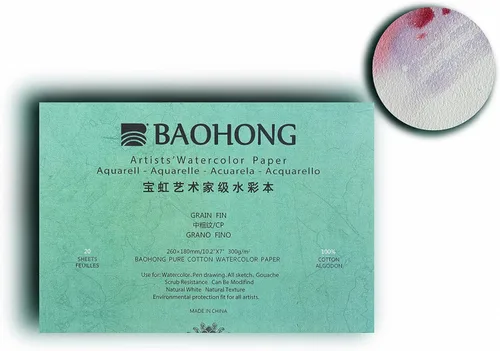 Miniatura 8 de BAOHONG Bloque de papel de acuarela para artistas (20 hojas, pegadas en cuatro bordes), 100% algodón, sin ácidos, 140 libras/300 GSM, suministros
