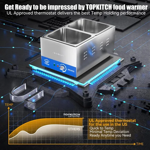 Miniatura 7 de TOPKITCH Calentador de alimentos comercial de 2 bandejas con tanque de agua sin fugas de formación elástica y 2 bandejas de tamaño 1/2 GN, mesa
