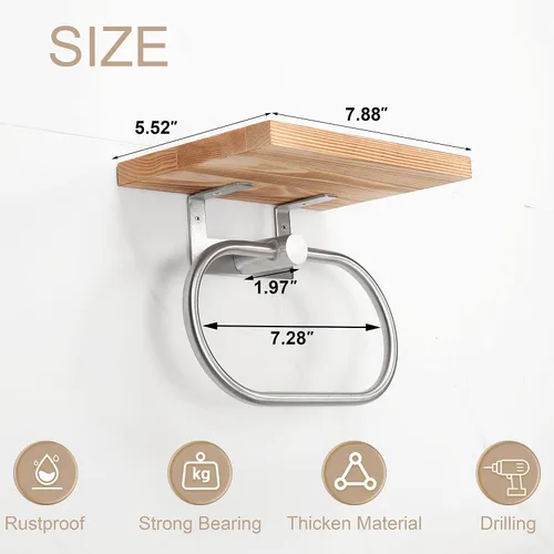 Miniatura 7 de TocTen Toallero de mano para baño, toalla de pared con estante de madera, toallero de mano de metal de alta calidad, accesorios de baño, colgador