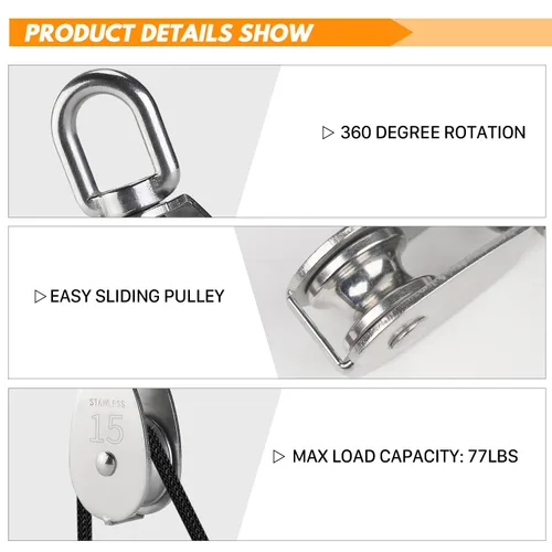 Miniatura 3 de LAIWOO M15 Kit de Sistema de Poleas de Acero Inoxidable - Rueda de Polea de Servicio Pesado, Bloque de Polea con Cuerda de Nylon, Ganchos, Placa