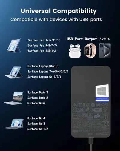 Miniatura 2 de Cargador Surface Pro de 65 W, cargador Microsoft Surface para Surface Pro 11/10/9/8/7+/7/6/5/4/3, Surface Laptop 7/6/5/4/3/2/1, Surface Book 3/2/1