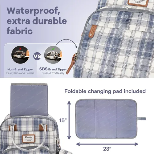 Miniatura 7 de RUVALINO Mochila para pañales, Paquete de viaje multifunción Bolsas cambiadoras para bebés de maternidad, gran capacidad, impermeable, cuadros azules