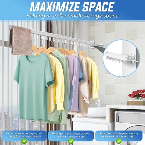 Miniatura 3 de ZOFGENOW Tendedero de Ropa de Pared Plegable, Retráctil y Colapsible (Tri-Pliegue) de Aluminio que Ahorra Espacio para Uso Interior y Exterior