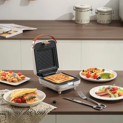 Miniatura 5 de Máquina de sándwiches 3 en 1, máquina de gofres de burbujas de huevo, máquina inteligente de panqueques con control de temperatura con placas Blanco