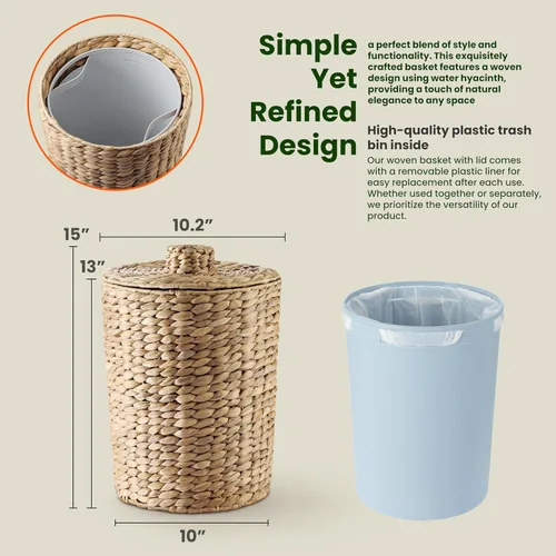 Miniatura 2 de Tidita Cesta de basura de mimbre de 4 galones, cubo de basura de baño de jacinto de agua con tapa, cubo de basura de baño estilo bohemio, cubo
