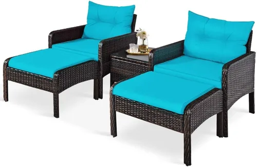 Miniatura 12 de HAPPYGRILL Juego de muebles de patio de 5 piezas para exteriores, juego de conversación de mimbre de ratán con mesa auxiliar, sofás acolchados